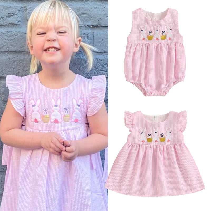 FOCUSNORM 0-4Y Lovely Kids Girls Summer Easter Dress/Romper Ruffle Fly Sleeve Round Neck Rabbit Embroidery A-Line Cute Dres