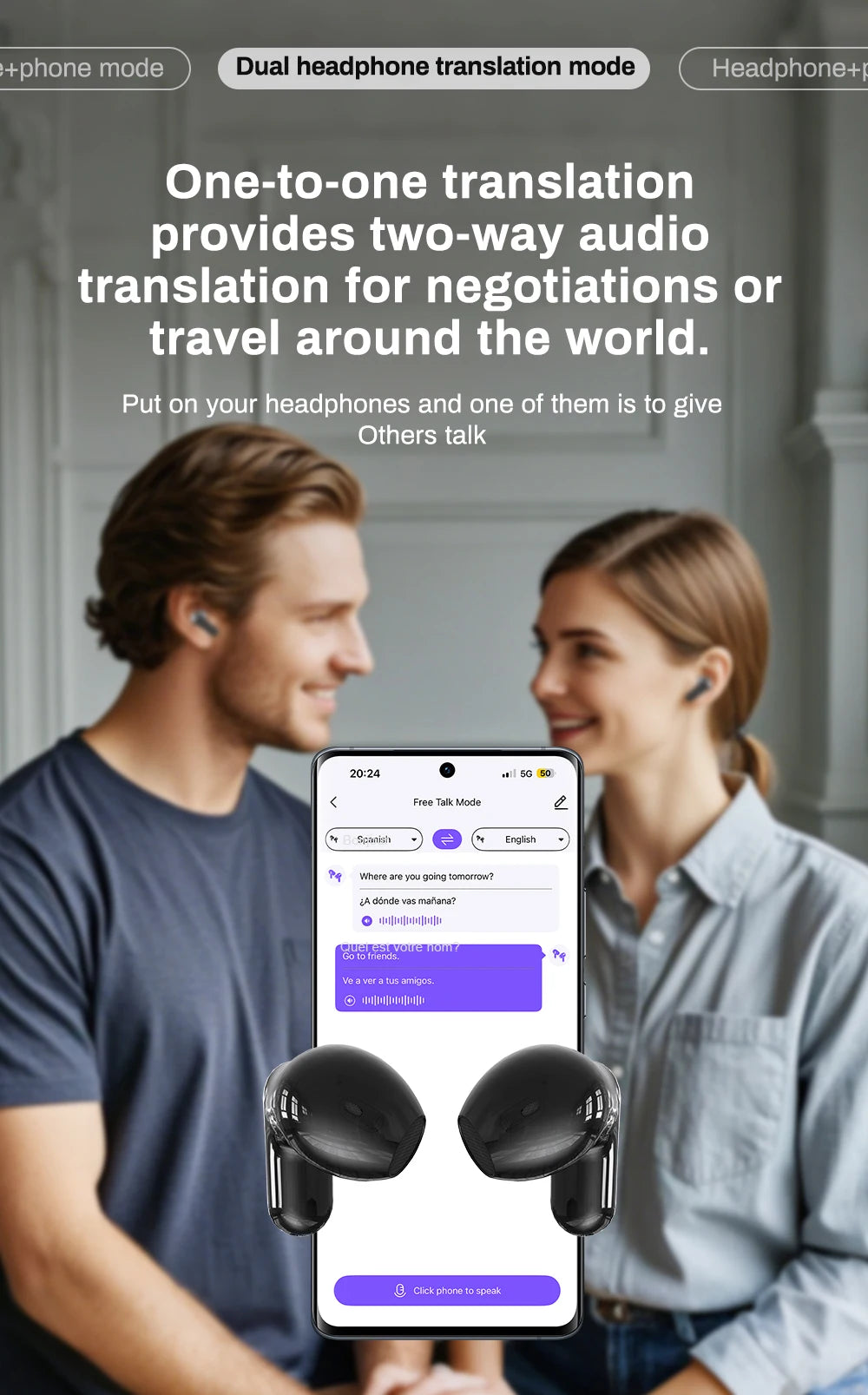 Translator HTC NE20 New Bluetooth 6.0 Wireless Headphones Translation Earphones IPX4 Waterproof Rating Long Battery Life