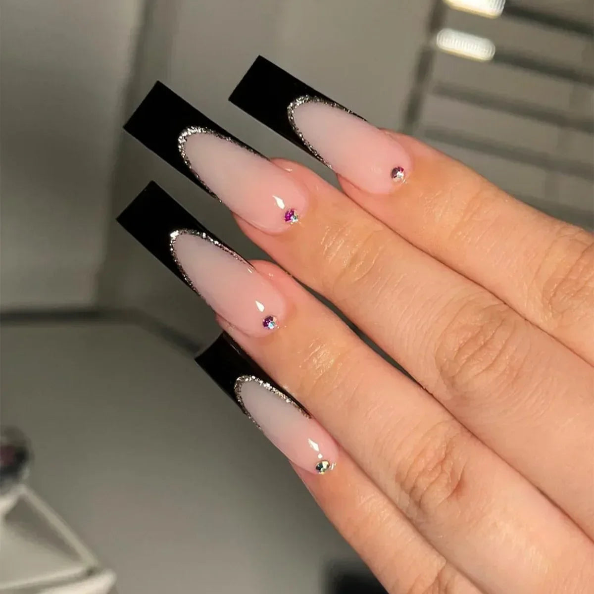 24Pcs Shimmery Long Coffin False Nails with Glue Ballerina Nail Design Sweet Fashion French Press on Acrylic Nails Manicure Tips