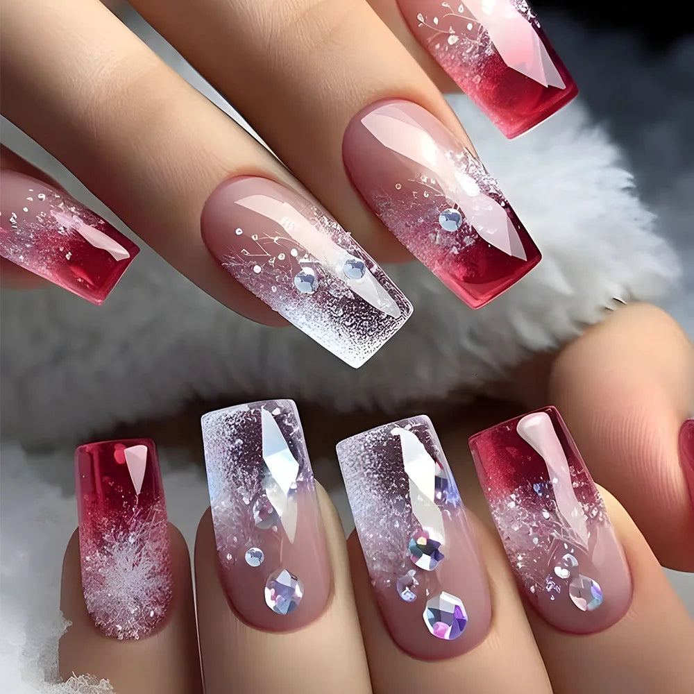 24Pcs Shimmery Long Coffin False Nails with Glue Ballerina Nail Design Sweet Fashion French Press on Acrylic Nails Manicure Tips