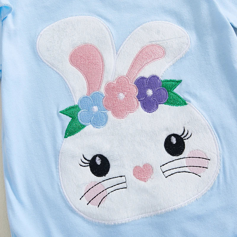 Adorable Infant Easter Outfit with Bunny Applique Ruffled Sleeve Romper Egg Print Pants and Matching Bow Headband