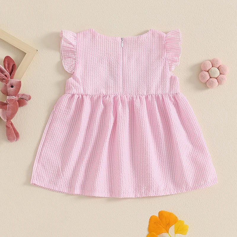 FOCUSNORM 0-4Y Lovely Kids Girls Summer Easter Dress/Romper Ruffle Fly Sleeve Round Neck Rabbit Embroidery A-Line Cute Dres