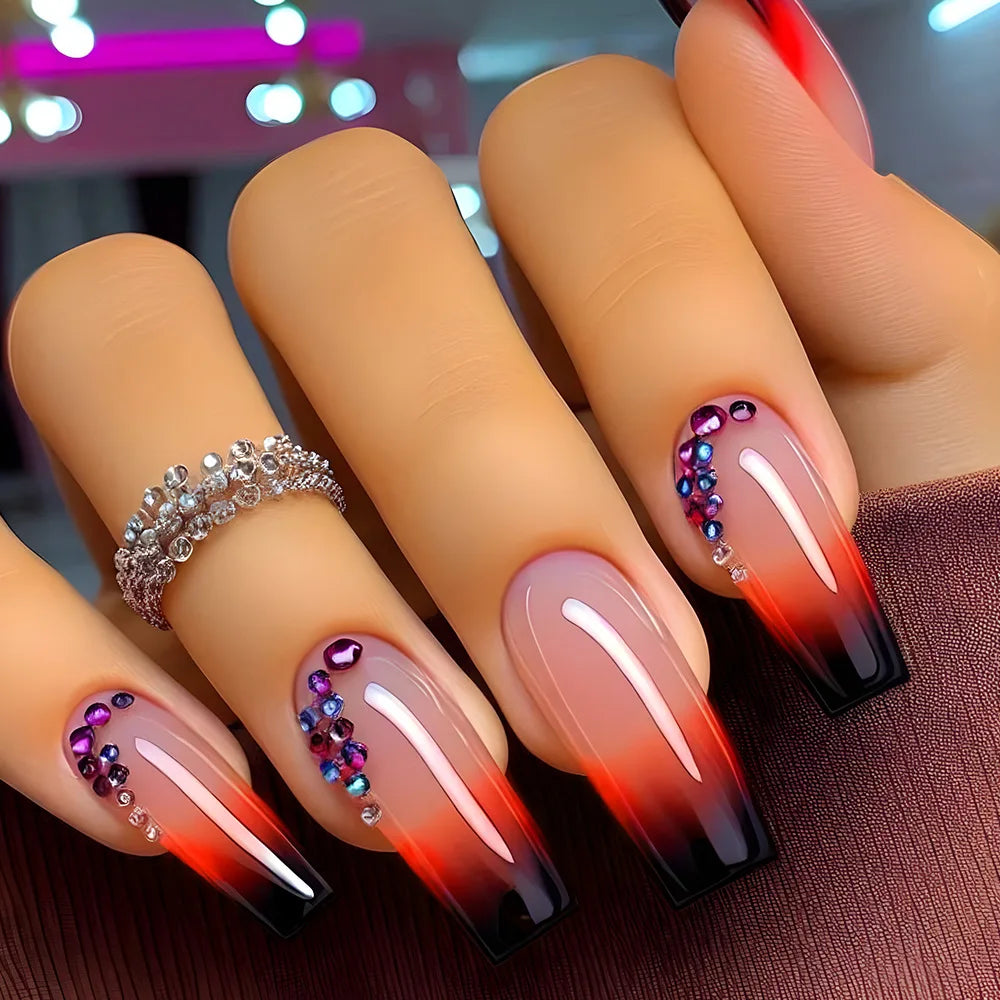 24Pcs Shimmery Long Coffin False Nails with Glue Ballerina Nail Design Sweet Fashion French Press on Acrylic Nails Manicure Tips