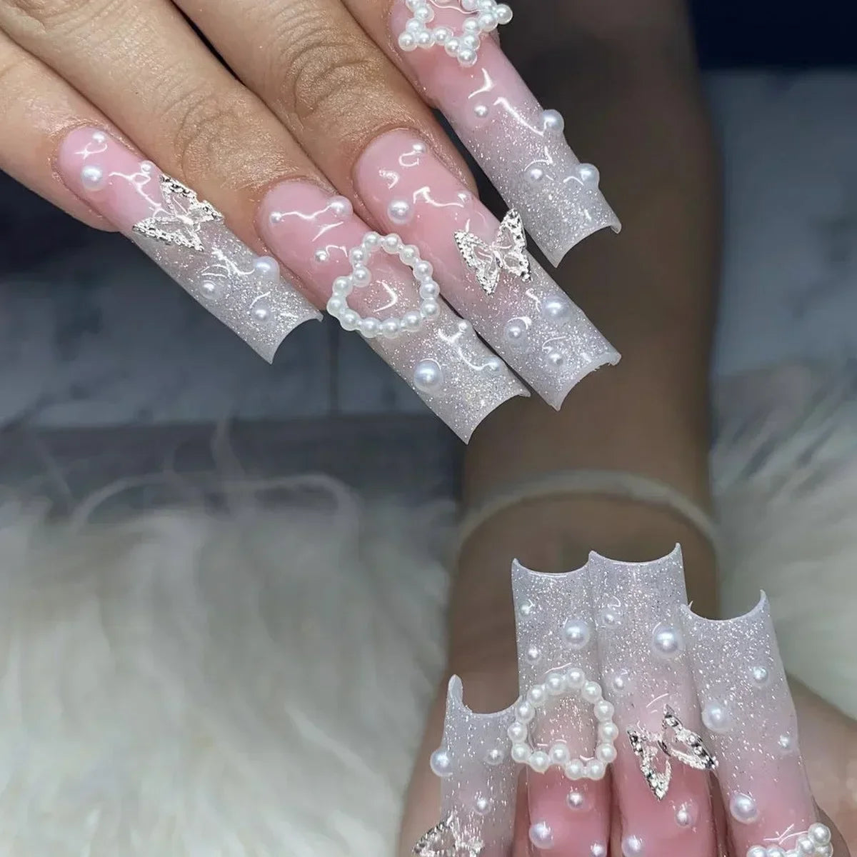 24Pcs Shimmery Long Coffin False Nails with Glue Ballerina Nail Design Sweet Fashion French Press on Acrylic Nails Manicure Tips