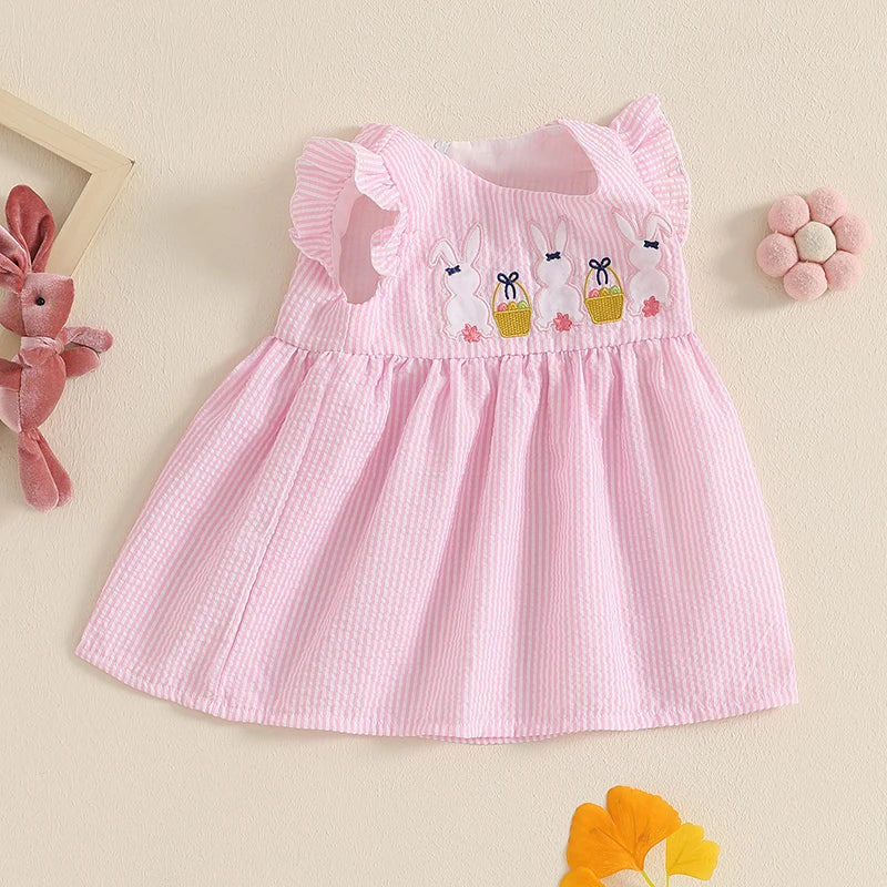 FOCUSNORM 0-4Y Lovely Kids Girls Summer Easter Dress/Romper Ruffle Fly Sleeve Round Neck Rabbit Embroidery A-Line Cute Dres