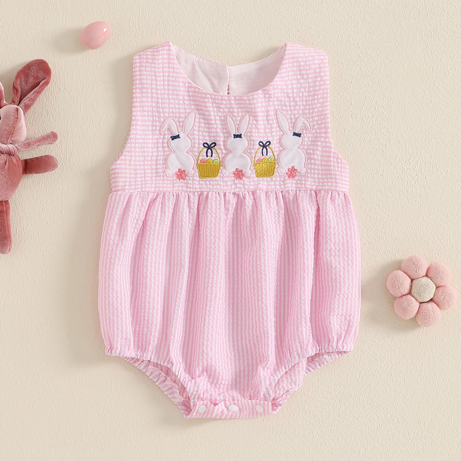 FOCUSNORM 0-4Y Lovely Kids Girls Summer Easter Dress/Romper Ruffle Fly Sleeve Round Neck Rabbit Embroidery A-Line Cute Dres