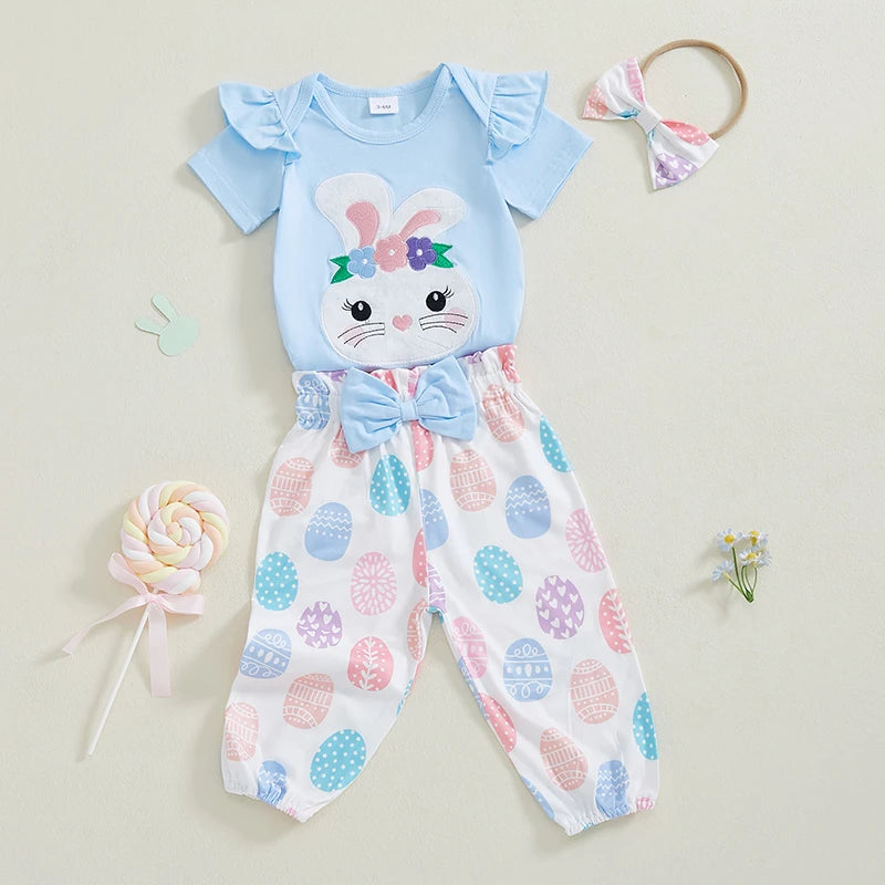 Adorable Infant Easter Outfit with Bunny Applique Ruffled Sleeve Romper Egg Print Pants and Matching Bow Headband