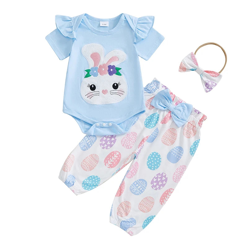 Adorable Infant Easter Outfit with Bunny Applique Ruffled Sleeve Romper Egg Print Pants and Matching Bow Headband