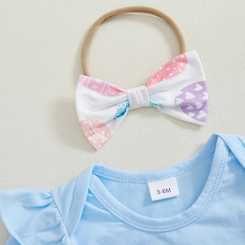 Adorable Infant Easter Outfit with Bunny Applique Ruffled Sleeve Romper Egg Print Pants and Matching Bow Headband