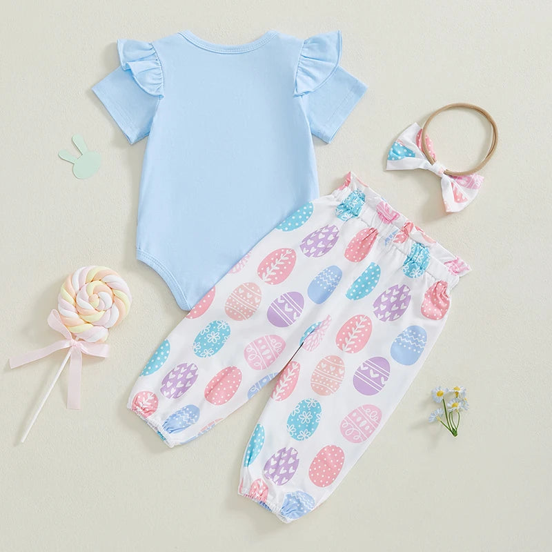 Adorable Infant Easter Outfit with Bunny Applique Ruffled Sleeve Romper Egg Print Pants and Matching Bow Headband