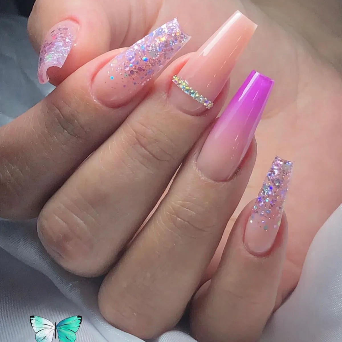 24Pcs Shimmery Long Coffin False Nails with Glue Ballerina Nail Design Sweet Fashion French Press on Acrylic Nails Manicure Tips