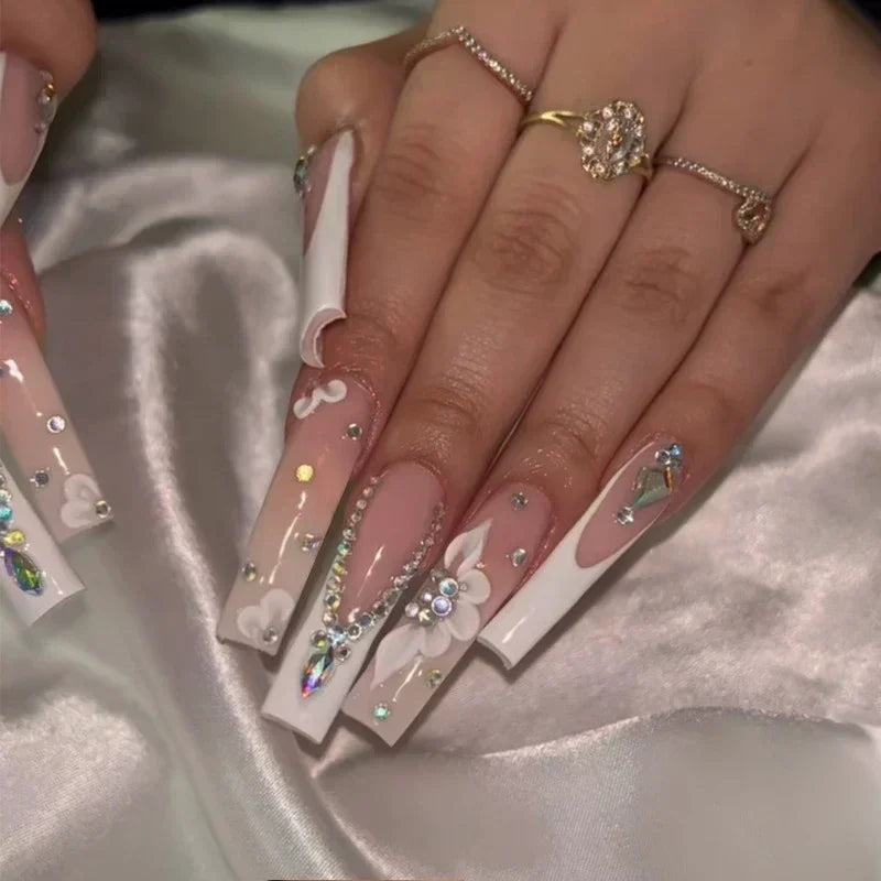 24Pcs Shimmery Long Coffin False Nails with Glue Ballerina Nail Design Sweet Fashion French Press on Acrylic Nails Manicure Tips