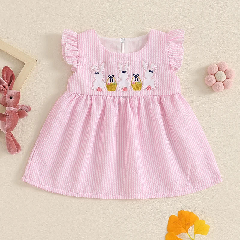 FOCUSNORM 0-4Y Lovely Kids Girls Summer Easter Dress/Romper Ruffle Fly Sleeve Round Neck Rabbit Embroidery A-Line Cute Dres