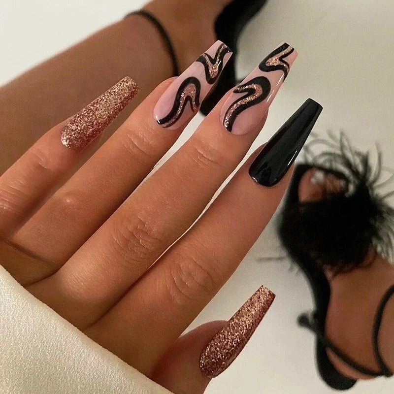 24Pcs Shimmery Long Coffin False Nails with Glue Ballerina Nail Design Sweet Fashion French Press on Acrylic Nails Manicure Tips